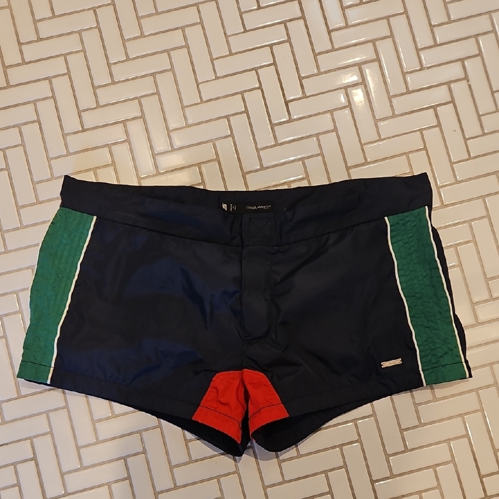 DSQUARED2 Men's Swim Trunks in Navy with Green Panels & Red Accent